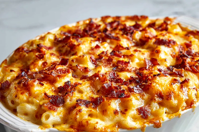 Wooden spoon stirring a pot of creamy mac and cheese sauce, showing the smooth, velvety texture as cheese melts into the thickened milk mixture