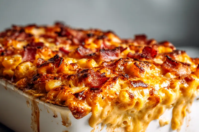 Ingredients for 5-ingredient mac and cheese laid out on a countertop: elbow macaroni, block of cheddar cheese, butter, flour, and milk