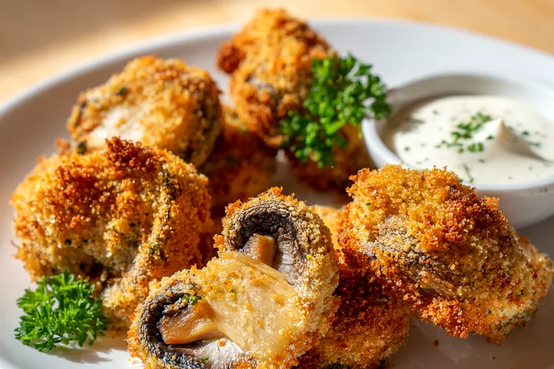 Overhead view of fresh mushrooms in wooden bowl surrounded by prep bowls containing flour, beaten eggs, panko breadcrumbs mixed with ranch seasoning, and cooking spray on marble counter