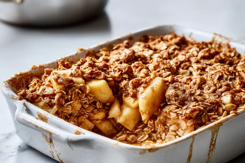Ingredients for Amish baked oatmeal including rolled oats, fresh apples, cinnamon, eggs, milk, maple syrup, and nuts arranged on a farmhouse table