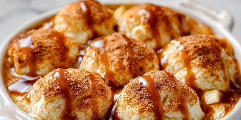 Golden-brown apple bubble up casserole with fluffy biscuit pieces bubbled up through cinnamon-spiced apples, dusted with powdered sugar in a white baking dish