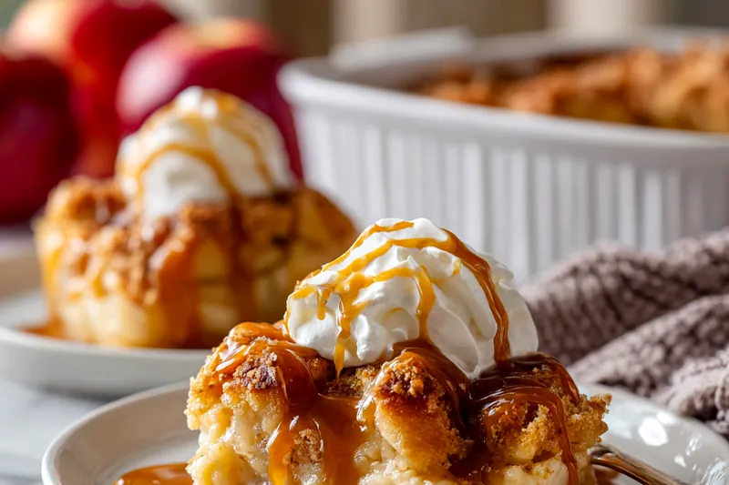 Ingredients for apple bubble up casserole including fresh apples, refrigerated biscuit dough, cinnamon, sugars, and butter arranged on a marble countertop