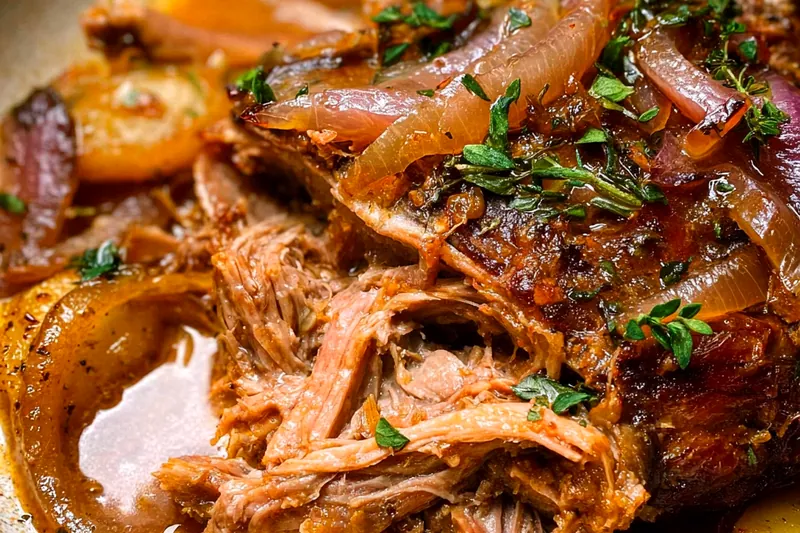 Fresh ingredients for apple cider braised pork including pork shoulder, apple cider, Honeycrisp apples, onions, and autumn spices arranged on a wooden cutting board