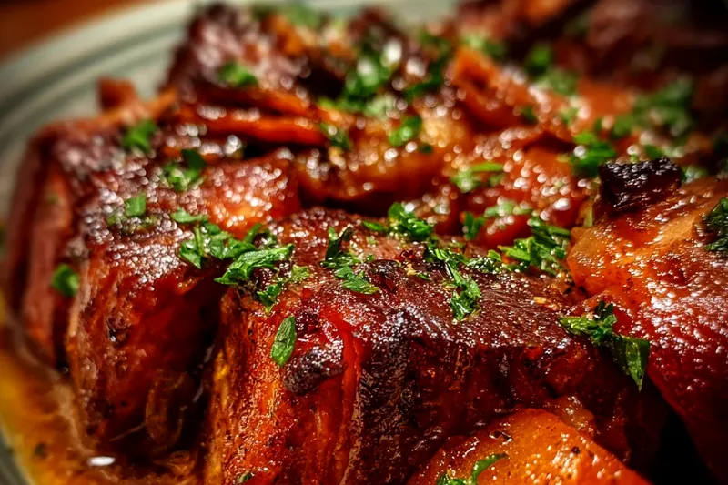 Organized ingredients for apple cider braised pork including chunked pork shoulder, fresh apple cider, aromatic vegetables, and fresh herbs on a wooden cutting board