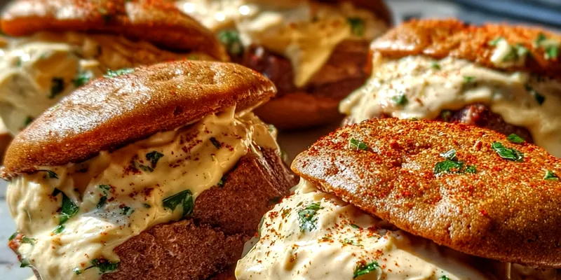 Golden-brown apple cider whoopie pies with cinnamon cream cheese filling, stacked on a rustic wooden board with fresh apples and cinnamon sticks