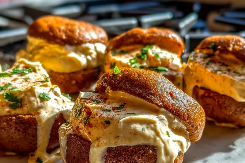Ingredients for apple cider whoopie pies including reduced cider, flour, spices, butter, and cream cheese arranged on a marble surface