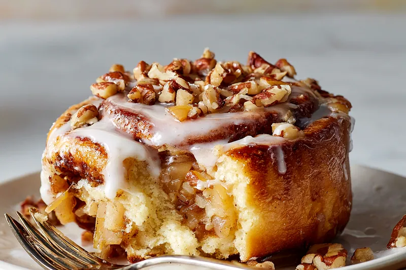 Close-up of a golden-brown cinnamon roll being pulled apart to show the layers of dough with visible apple chunks and cinnamon swirls, with glaze dripping down