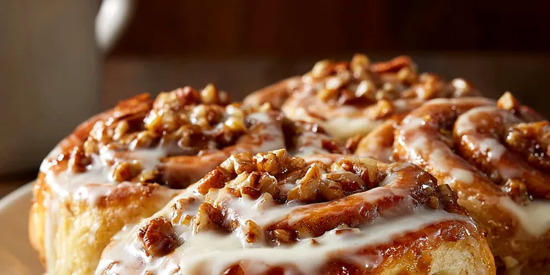 Two golden-brown apple pie stuffed cinnamon rolls on a white plate, drizzled with vanilla glaze and topped with chopped pecans, showing visible apple chunks and cinnamon swirls