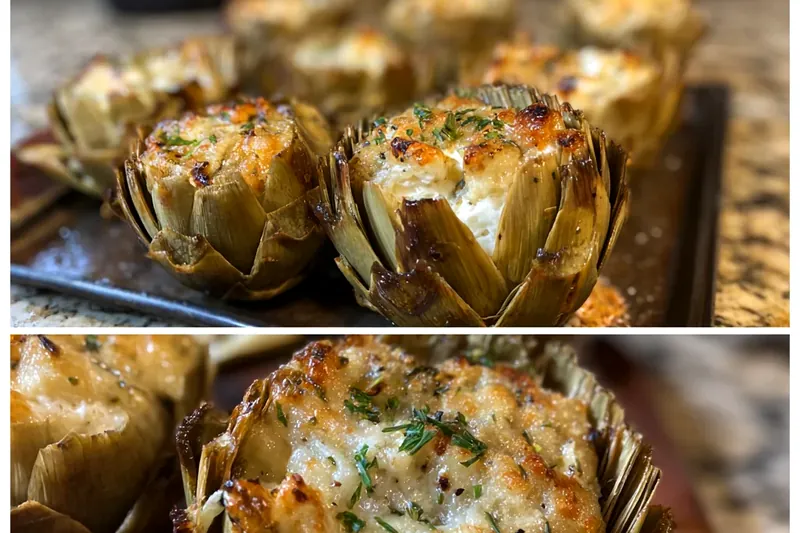 Ingredients laid out including puff pastry, goat cheese, artichoke hearts, fresh herbs, pine nuts, and sun-dried tomatoes on a marble counter