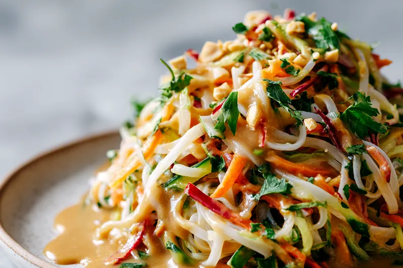 Action shot of hands using wooden tongs to toss colorful noodles and vegetables in a large white ceramic mixing bowl, with strands of noodles lifting up to show the golden sesame dressing coating everything, fresh cilantro leaves visible throughout, natural lighting from the side highlighting the glossy sauce and vibrant vegetable colors