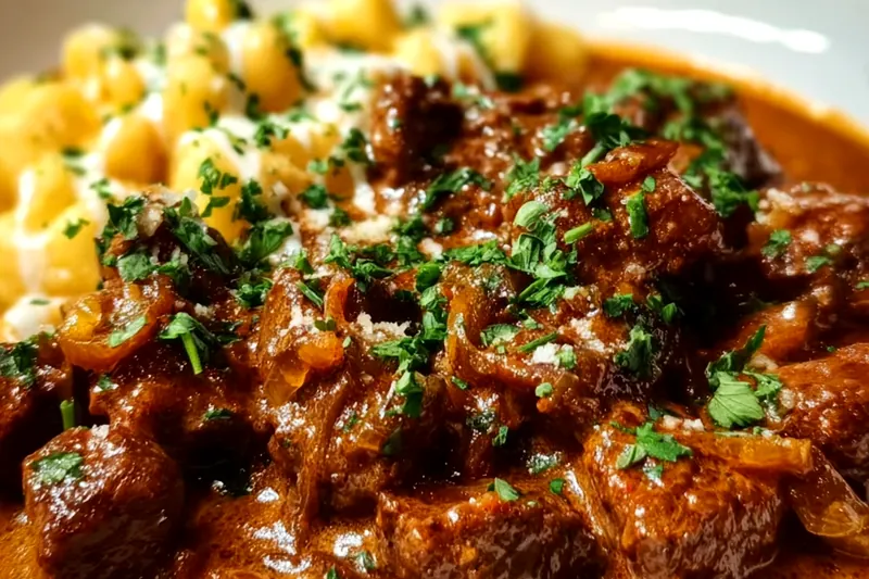 German goulash simmering in a heavy Dutch oven with steam rising, showing the rich red color and tender beef pieces in thick sauce