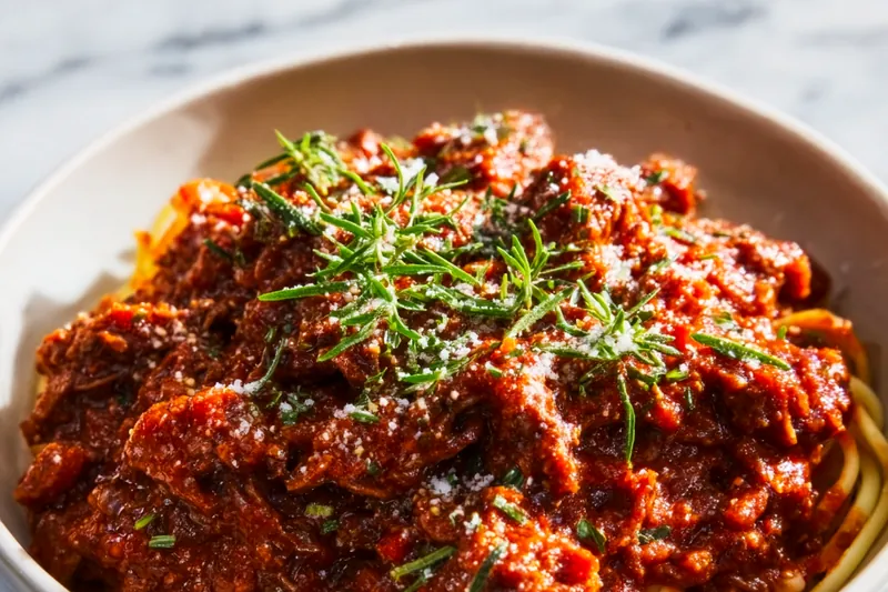 Overhead view of all Bolognese ingredients arranged on a white marble counter: bowls of ground beef and pork, finely diced carrots, celery and onions, garlic cloves, a can of San Marzano tomatoes, small dishes of herbs and spices, red wine, milk, and olive oil