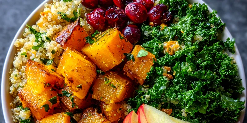 A beautifully presented Hearty Autumn Quinoa Bowl with vibrant colors from roasted vegetables and greens.