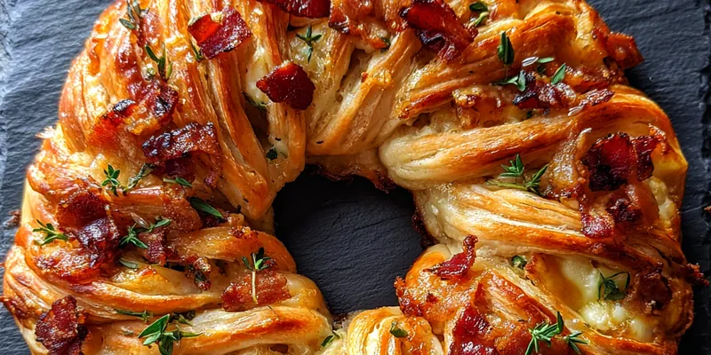 Delicious Bacon Brie Pastry Wreath served on a plate