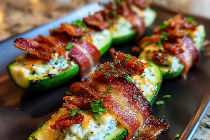 Fresh ingredients laid out including halved cucumbers, crispy bacon strips, blocks of cream cheese and cheddar, fresh chives and green onions