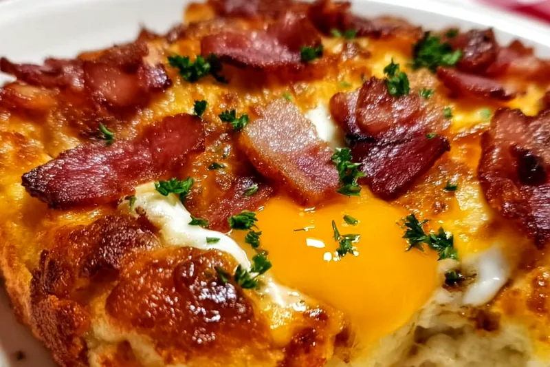 Bacon egg cheese bake in the oven showing golden-brown top with melted cheese and visible bacon pieces throughout the fluffy egg mixture