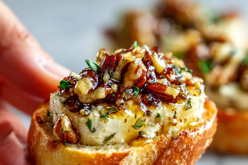 Overhead flat lay of recipe ingredients including a white goat cheese log, bowl of pecan halves, glass jar of golden honey, fresh thyme sprigs, olive oil, and brown sugar on a white marble surface
