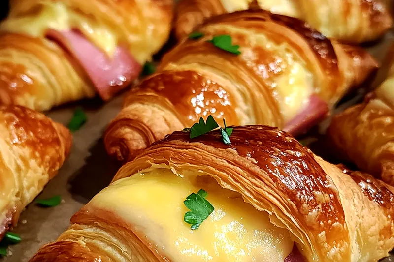 Golden croissants baking in oven showing melted cheese beginning to bubble and exterior turning golden brown