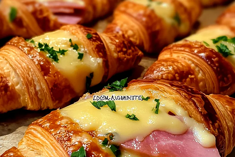 Ingredients for baked ham and cheese croissants including fresh croissants, sliced ham, shredded cheese, and Dijon mustard arranged on marble surface