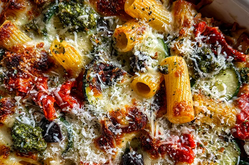 Freshly chopped Mediterranean vegetables, pasta, and cheeses laid out for cooking Hearty Baked Pasta
