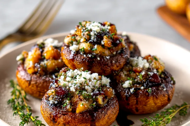 Overhead view of ingredients arranged on a marble surface: whole cremini mushrooms, crumbled white feta cheese in a small bowl, chopped walnuts, fresh thyme and parsley sprigs, garlic cloves, small bottles of olive oil and balsamic vinegar, and honey in a glass jar