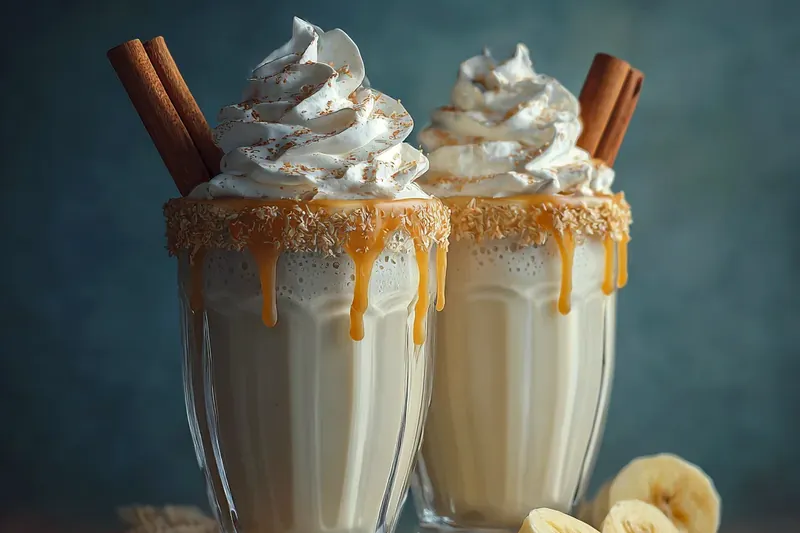 Ingredients for banana milkshake arranged on a marble countertop: ripe spotted bananas, vanilla ice cream in a scoop, glass of milk, honey jar, vanilla extract bottle, and cinnamon shaker