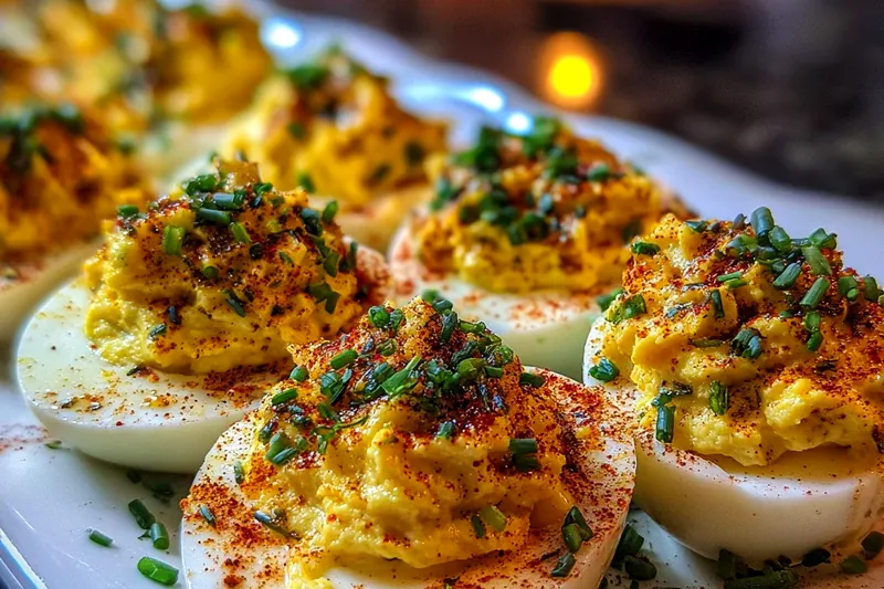 Ingredients laid out on a marble counter: hard-boiled eggs, diced andouille sausage, Creole mustard jar, mayonnaise, green onions, and various Cajun spices in small bowls