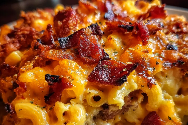 BBQ bacon cheeseburger mac and cheese being assembled in layers in a baking dish, showing the creamy pasta mixture and cheese sauce