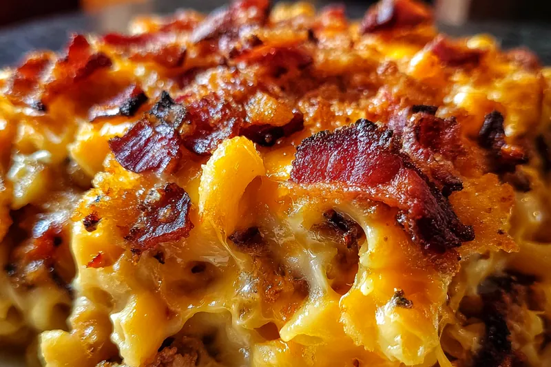 Ingredients for BBQ bacon cheeseburger mac and cheese including pasta, ground beef, bacon, multiple cheeses, and BBQ sauce arranged on a marble counter