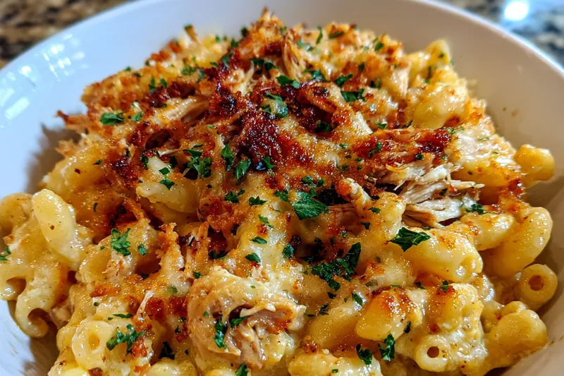 The process of baking Cheesy BBQ Chicken Pasta Bake in the oven, showcasing its bubbly, golden cheese topping.