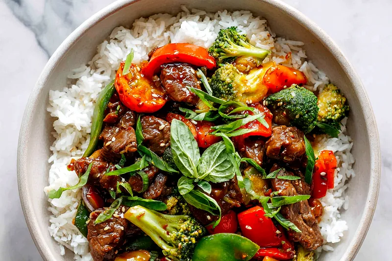 Beef and vegetables being stir-fried in a skillet