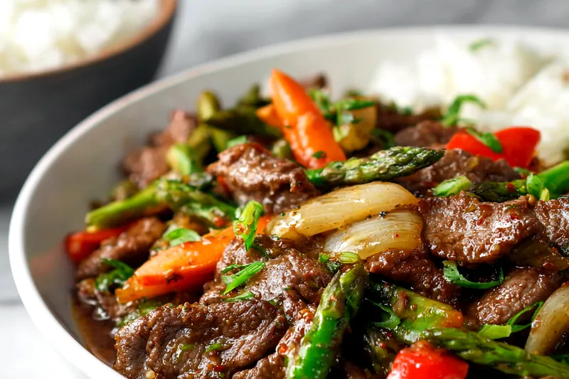 Fresh ingredients for beef and vegetable stir fry