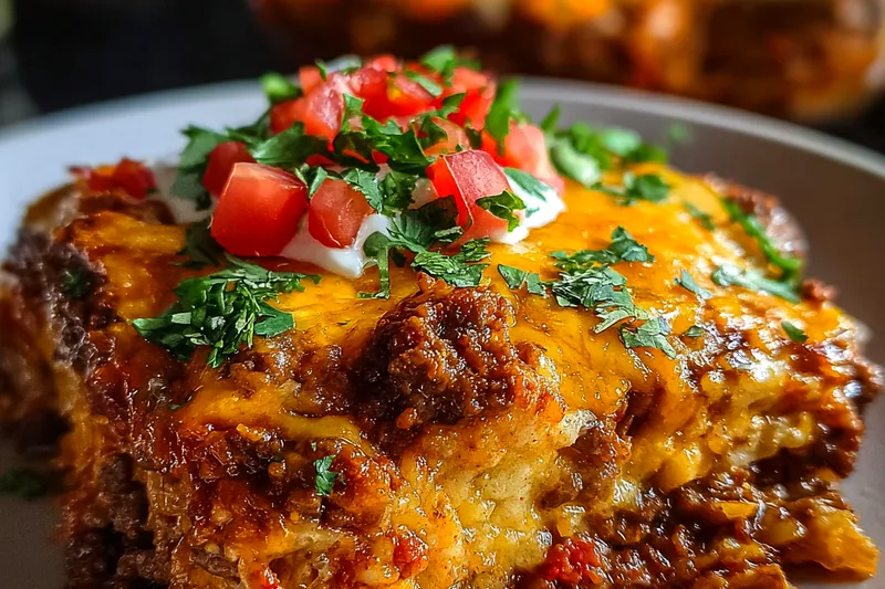 Beef enchilada casserole being assembled in layers in a baking dish, showing the layering technique with tortillas, meat, and cheese