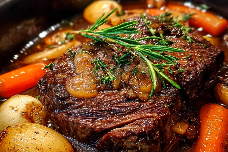 Fresh ingredients for red wine pot roast including beef and vegetables