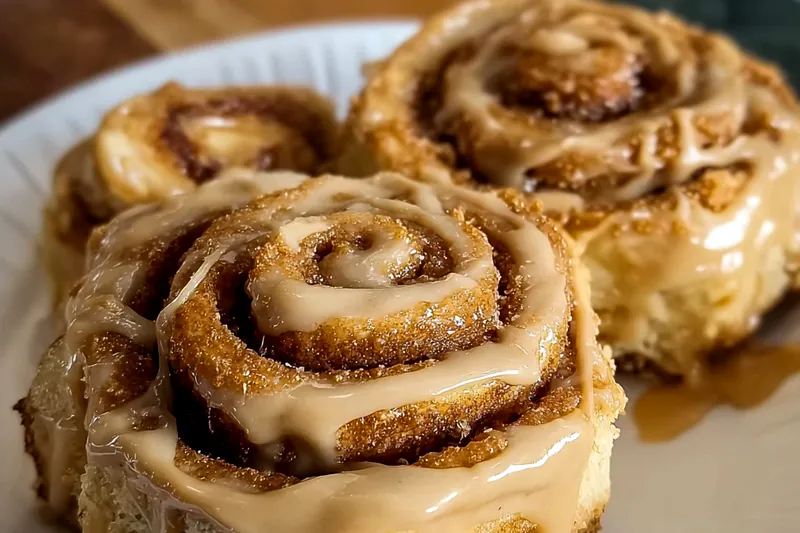 Baking ingredients for Biscoff cinnamon rolls including bread flour, cookie butter jar, spices, and yeast arranged on a marble counter with measuring tools
