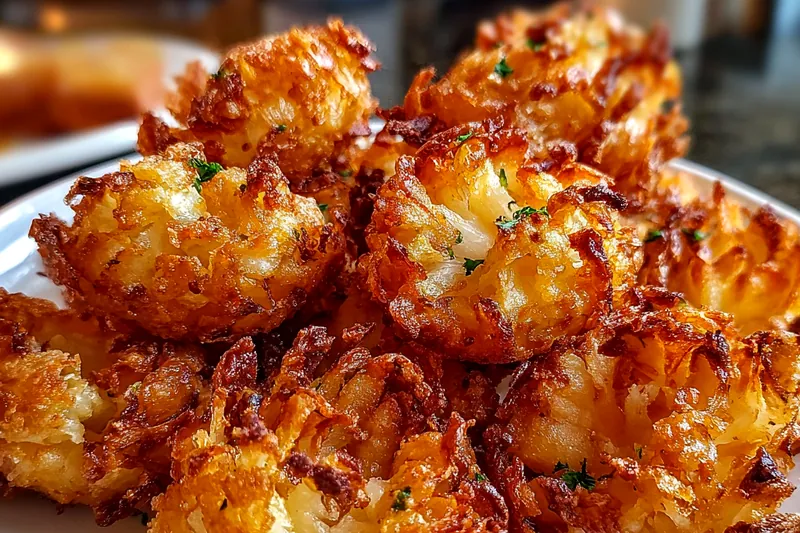 Bite-sized blooming onions frying in golden oil, showing the petals separating and turning crispy golden-brown