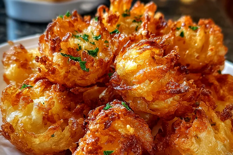 Fresh ingredients for bite-sized blooming onions including medium yellow onions, buttermilk, seasoned flour mixture, and dipping sauce ingredients arranged on a kitchen counter