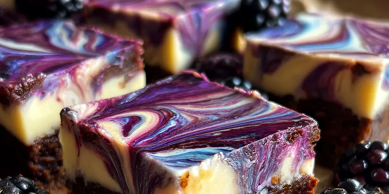 Delicious Blackberry Swirl Cheesecake Bars served on a plate