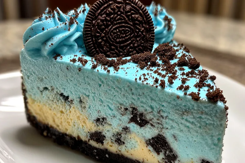 Step-by-step images showing the process of creating Luscious Blue Velvet Cheesecake from mixing ingredients to baking.