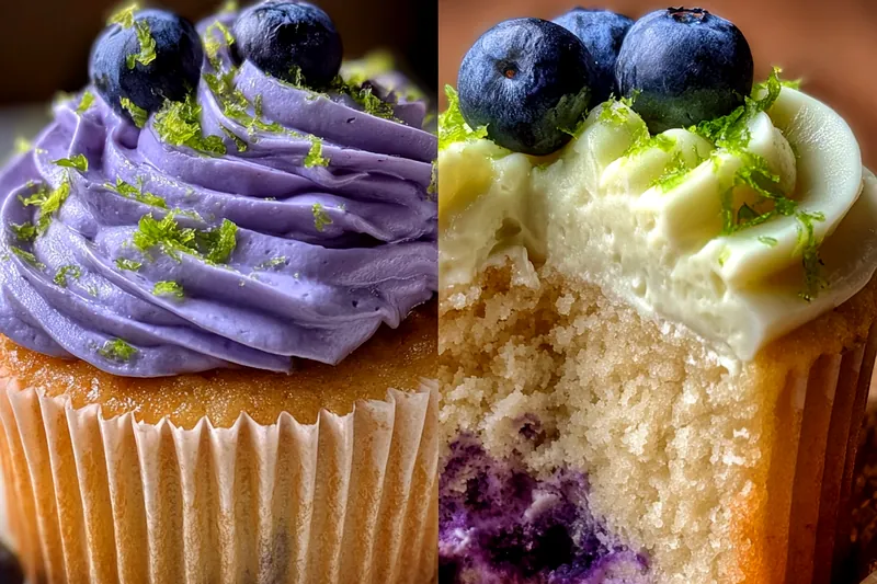 A variety of ingredients laid out for Blueberry Lime Cheesecake Cupcakes including flour, blueberries, and cream cheese.