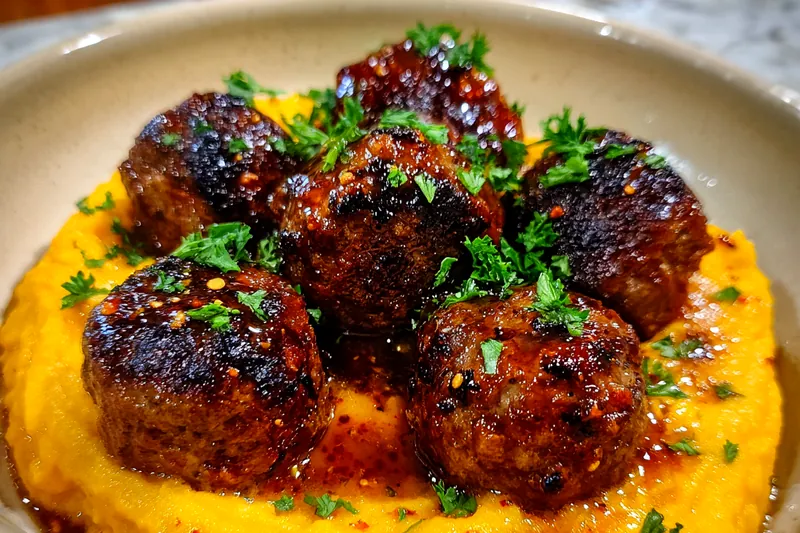 Fresh ingredients for Savory Bourbon Meatballs with Mash, including ground beef, breadcrumbs, and herbs.