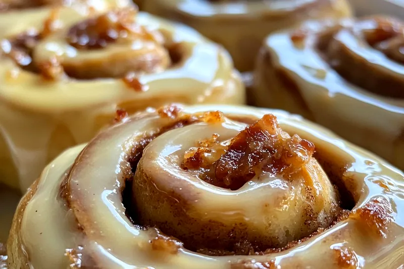 The cooking process of Bourbon-Infused Bacon Rolls in the oven, showcasing the golden crispy bacon and bubbling glaze.