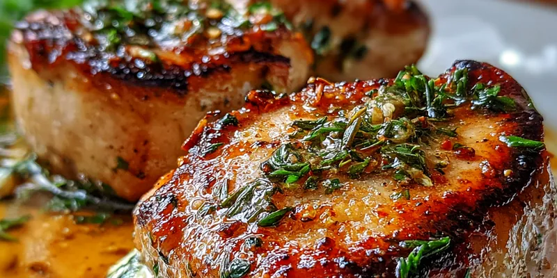 Golden-brown Boursin stuffed pork chops on a cast iron skillet with creamy herb cheese visible in the pocket, garnished with fresh thyme