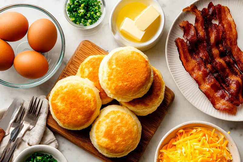 Close-up of breakfast English muffin pizzas during cooking process showing melted bubbly cheddar cheese with bacon pieces on toasted muffin halves in the oven, with a fried egg being prepared in a skillet alongside