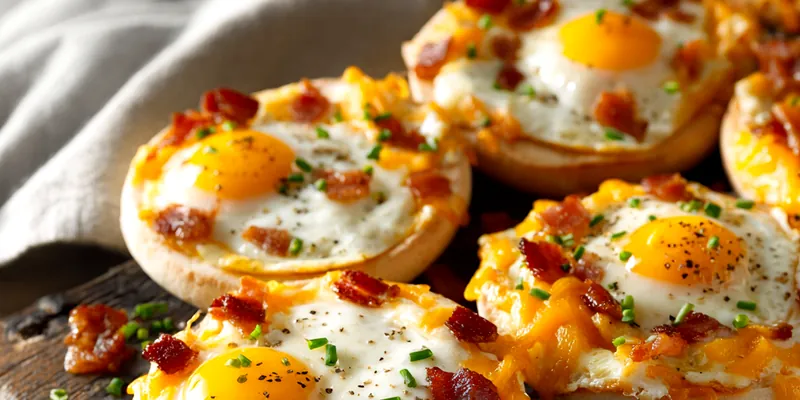 Golden toasted English muffin pizzas topped with melted cheddar cheese, crispy bacon pieces, sunny-side-up eggs with bright yellow yolks, and fresh green chives on a white plate
