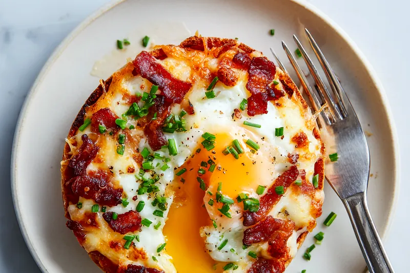 Flat lay of breakfast pizza ingredients including split English muffins on a cutting board, whole eggs in a glass bowl, shredded cheddar cheese, crispy bacon strips, melted butter in a ramekin, and fresh chopped chives on a white marble surface