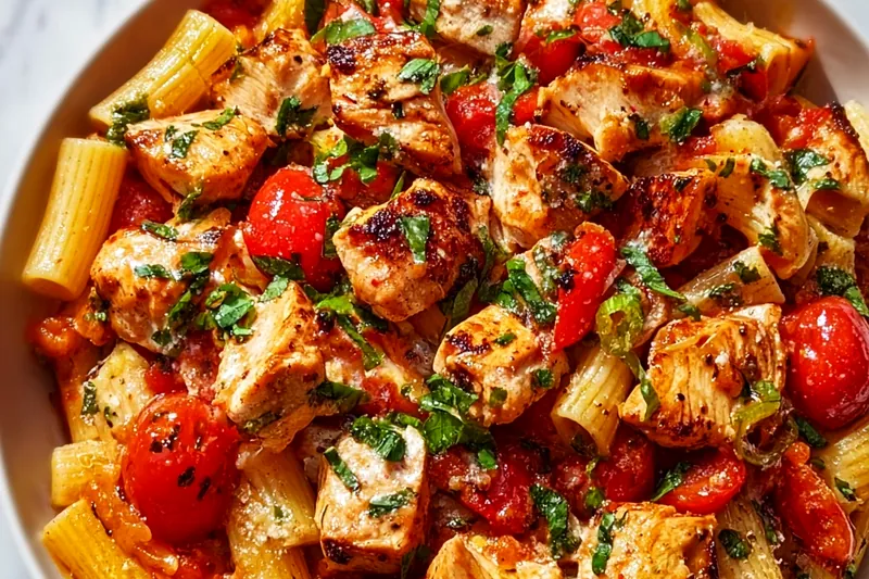 Bruschetta chicken pasta being tossed in a large skillet with colorful cherry tomatoes, fresh basil, and golden chicken pieces