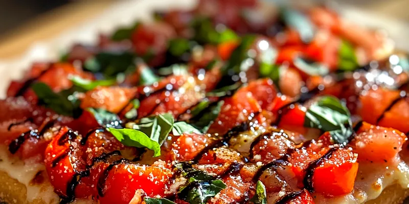 A beautifully baked Fresh Bruschetta Pizza Delight, topped with fresh tomatoes and basil, on a rustic wooden table.