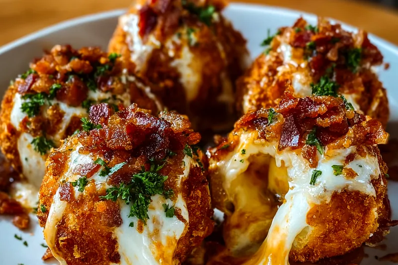 Buffalo chicken bombs browning in a cast iron skillet with golden bacon crisping and panko coating turning golden brown