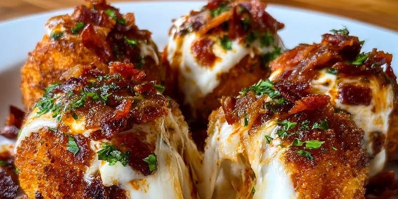 Golden-brown bacon-wrapped buffalo chicken bombs with melted mozzarella oozing out, arranged on a platter with buffalo sauce, ranch dressing, and celery sticks